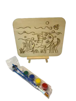 יצירה צביעה בעץ עם סט צבעים ומעמד